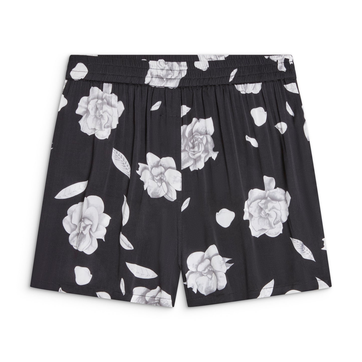 Sōlune Gardenia Boxer Shorts — women's satin lounge shorts in floral print for elevated lounging, travel, & stepping out.