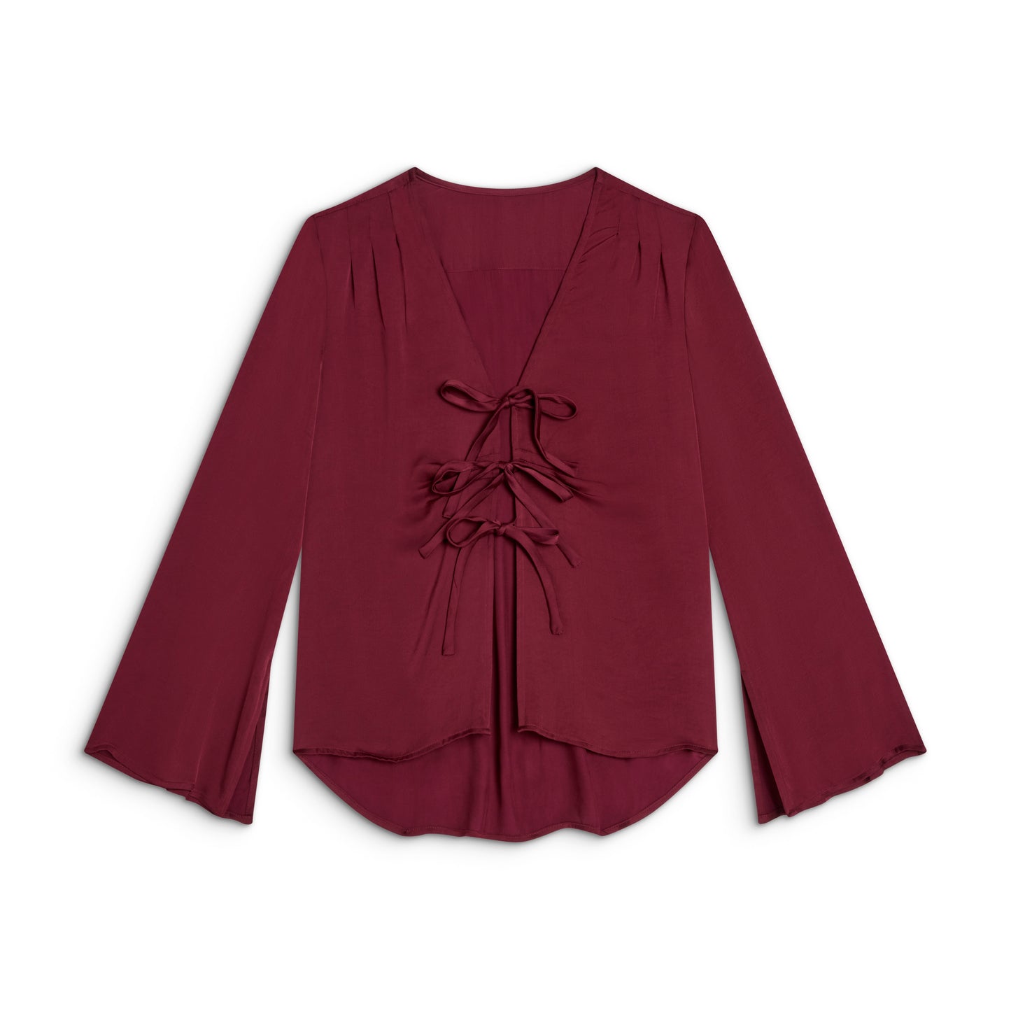 The Solune Muse Set Dark Cherry — feminine dark cherry satin loungewear set with romantic blouse and relaxed pants