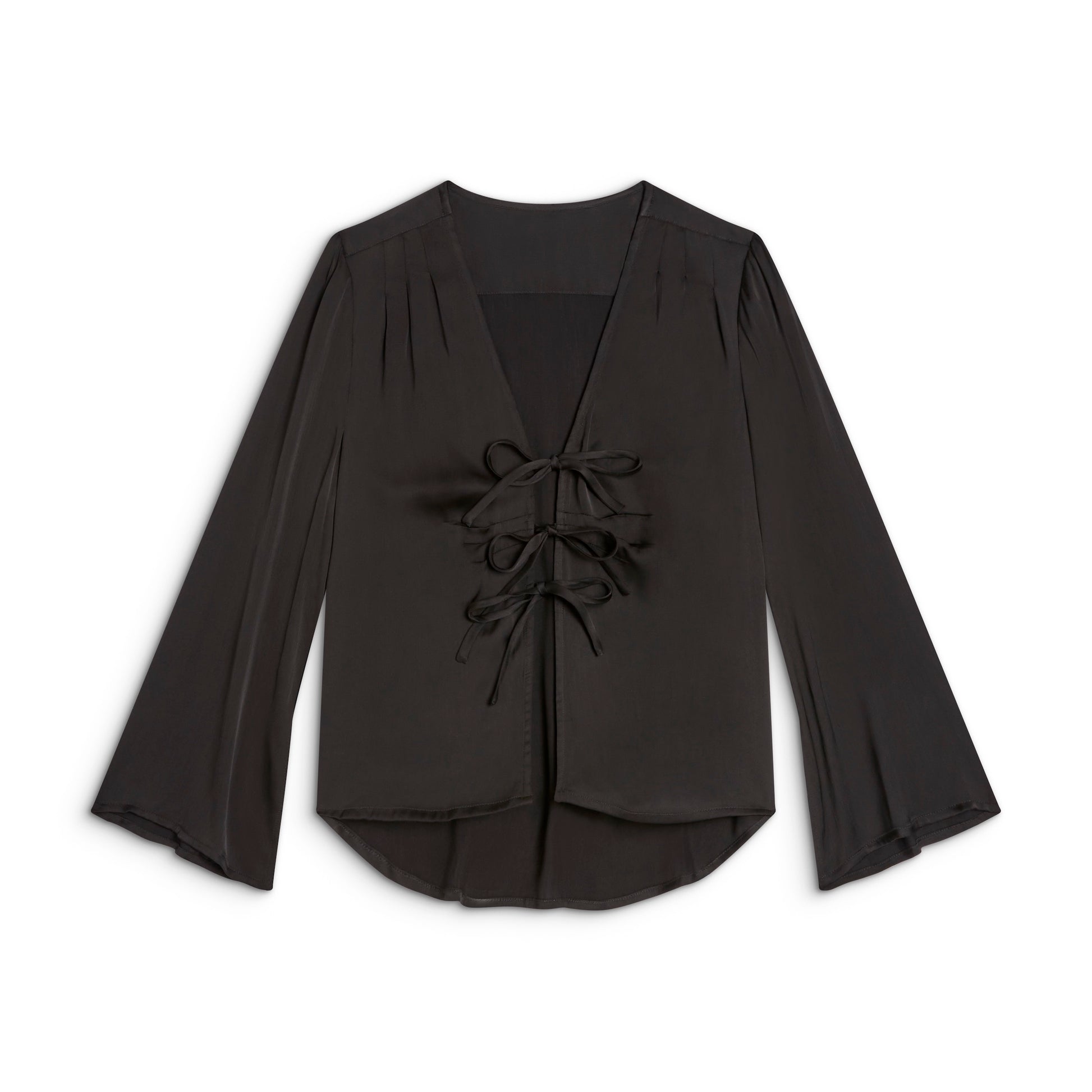 The Sōlune Muse Top Black — women's black satin going-out top with adjustable front ties and kimono sleeves