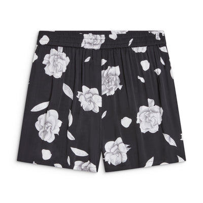 Sōlune Gardenia Boxer Shorts — women's satin lounge shorts in floral print for elevated lounging, travel, & stepping out.