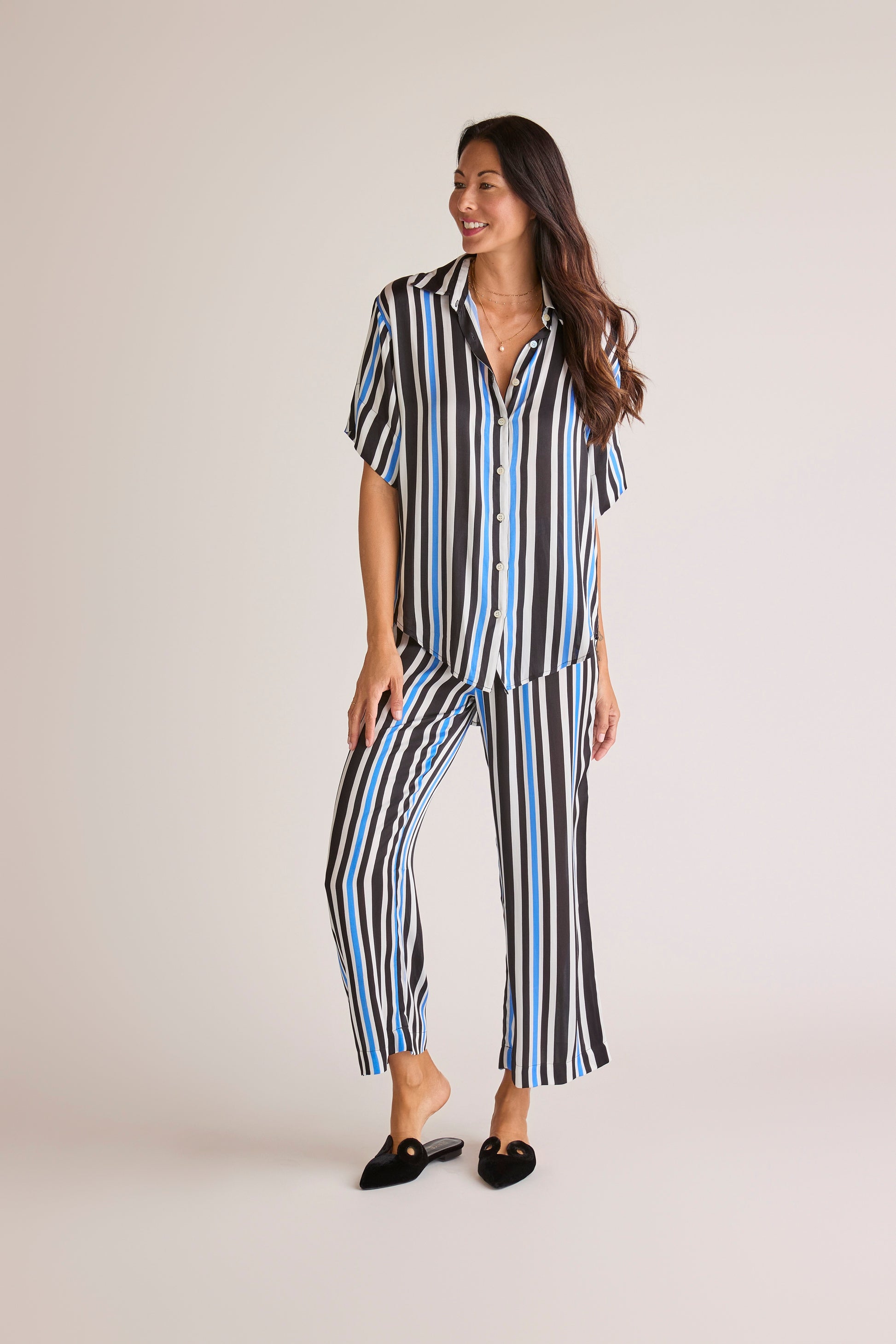 Stripe Sōlune Straight Pant — silky satin wide-leg lounge pants with bold stripe detail and flattering relaxed fit for leisure and resort wear
