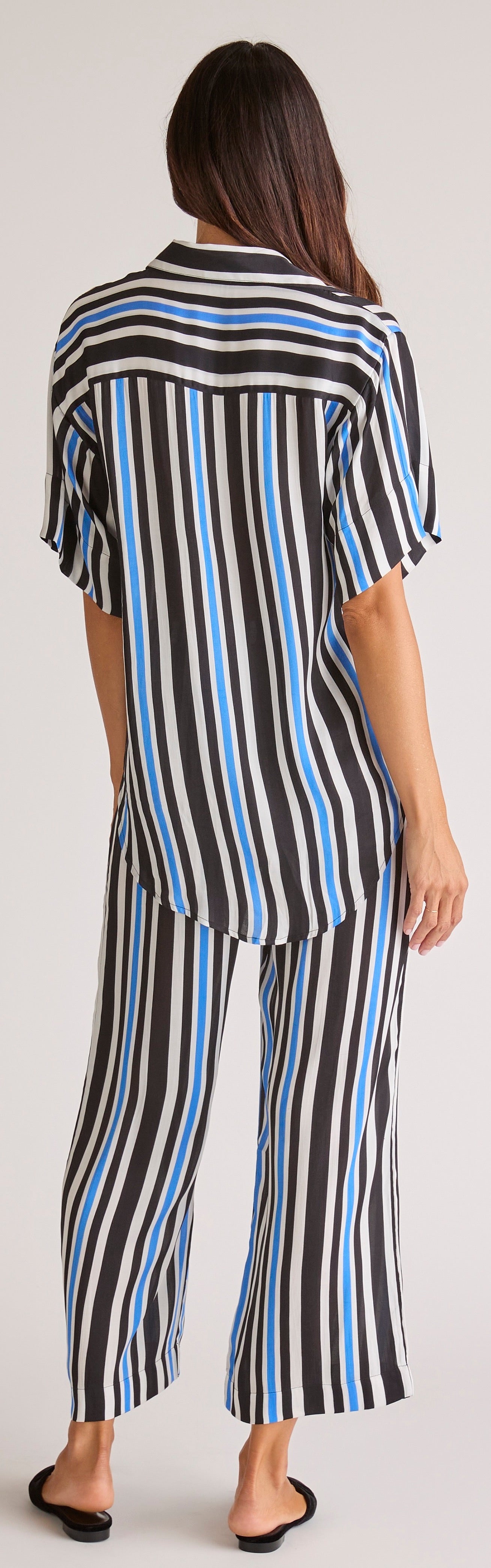 Sōlune Boyfriend Stripe Set — Women’s satin lounge and breathable sleep set with button-down boyfriend shirt and relaxed pants for rest and recovery