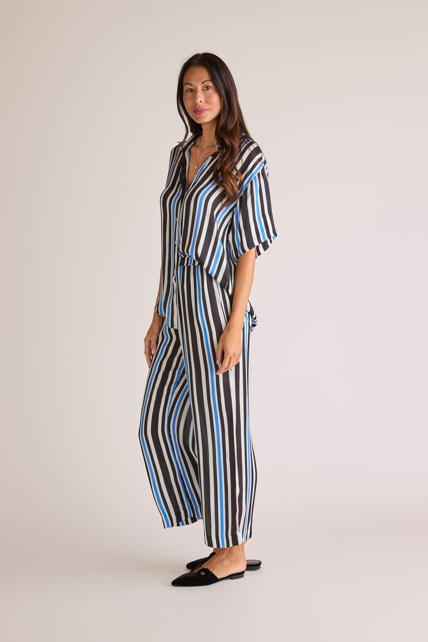 Stripe Sōlune Straight Pant — women’s satin sleep and loungewear pants with mod-inspired bold stripe design and soft drape