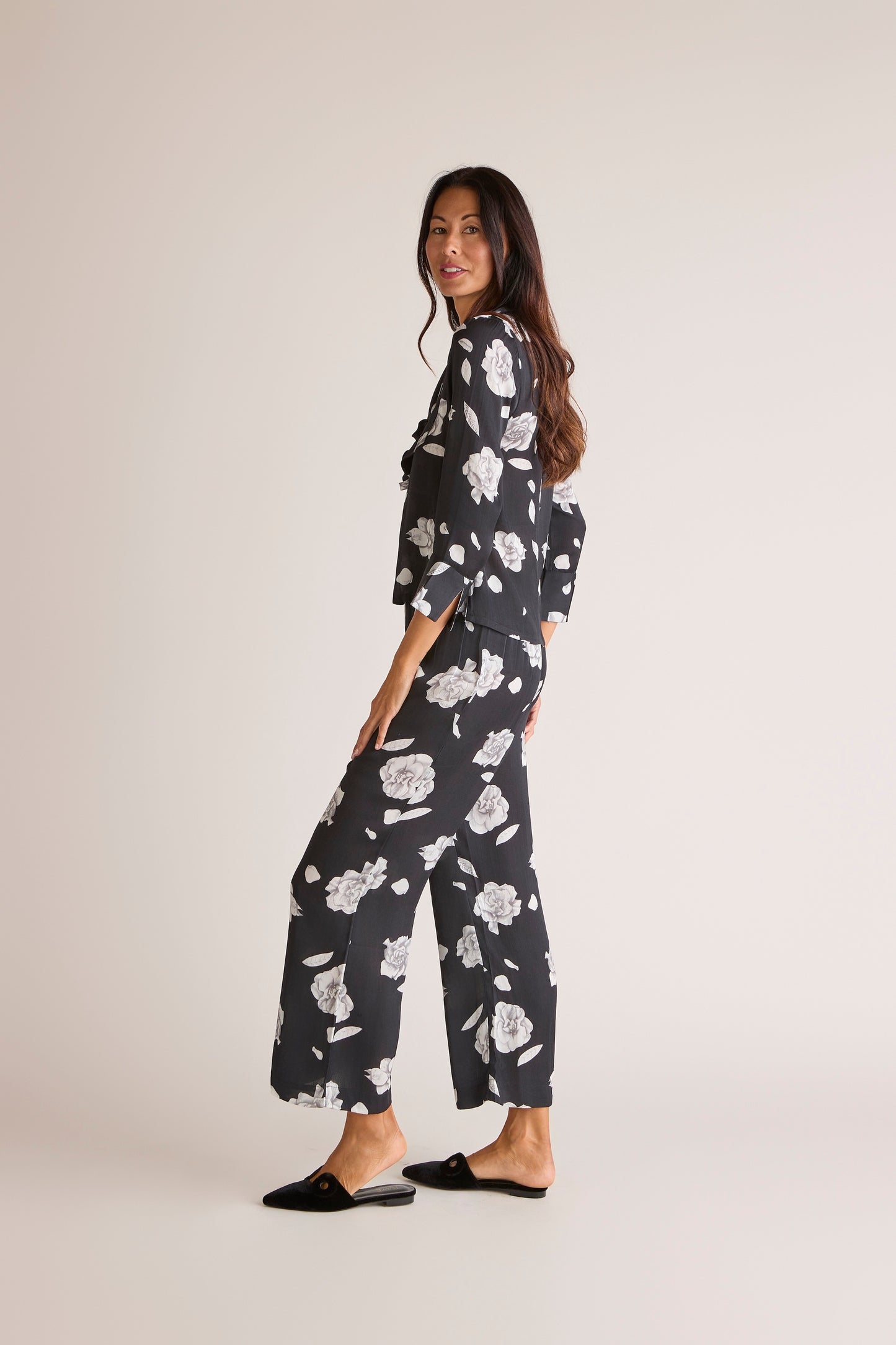 Sōlune Gardenia Lapel Pant Set — Relaxed satin lounge set with soft drape lapel blouse and straight-leg pants