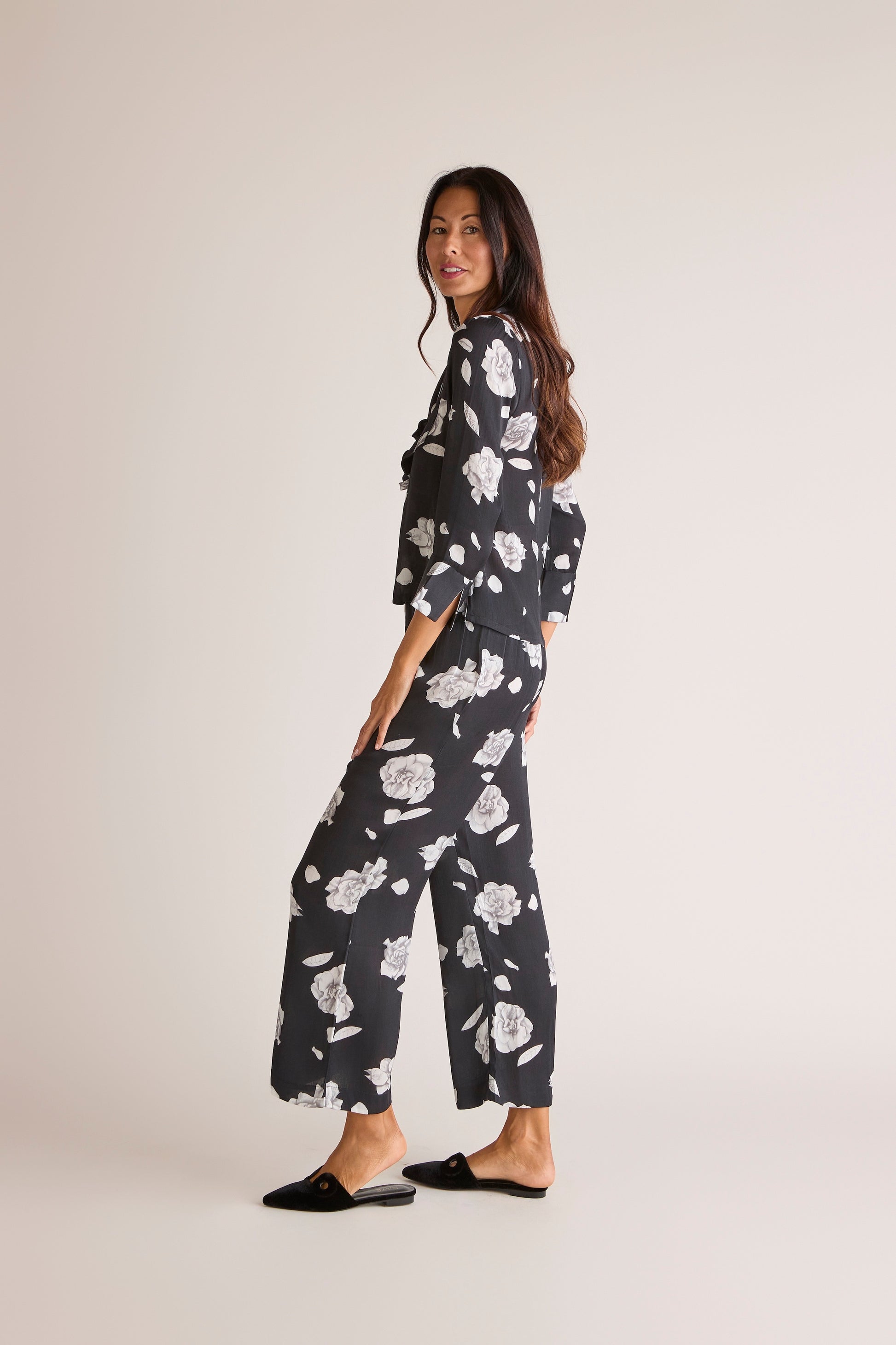 Sōlune Gardenia Lapel Pant Set — Relaxed satin lounge set with soft drape lapel blouse and straight-leg pants