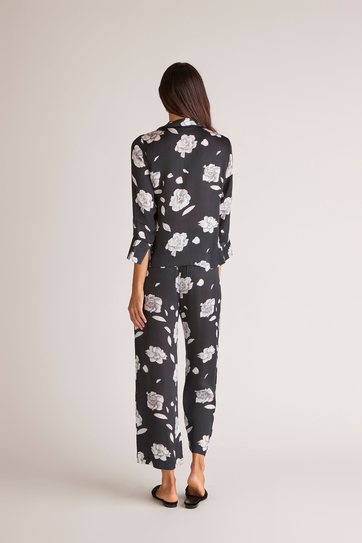Solune Gardenia Lapel Pant Set — Chic satin matching lounge set with tailored lapel collar and lace-up front blouse and flattering straight-leg pants