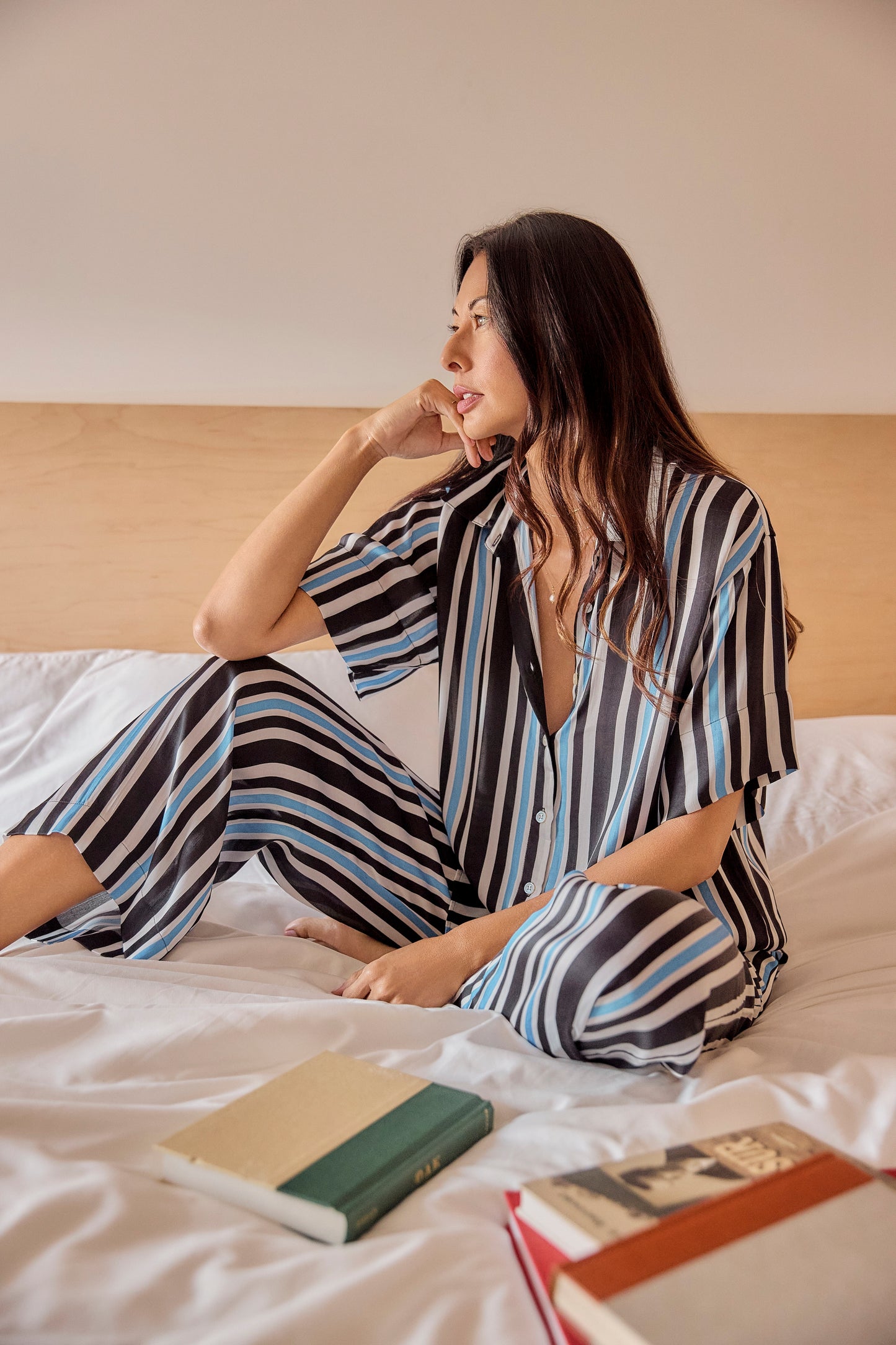 Solune Boyfriend Stripe Set — Women’s oversized satin shirt set with button-down boyfriend shirt and tailored straight-leg pants in Beachwood satin