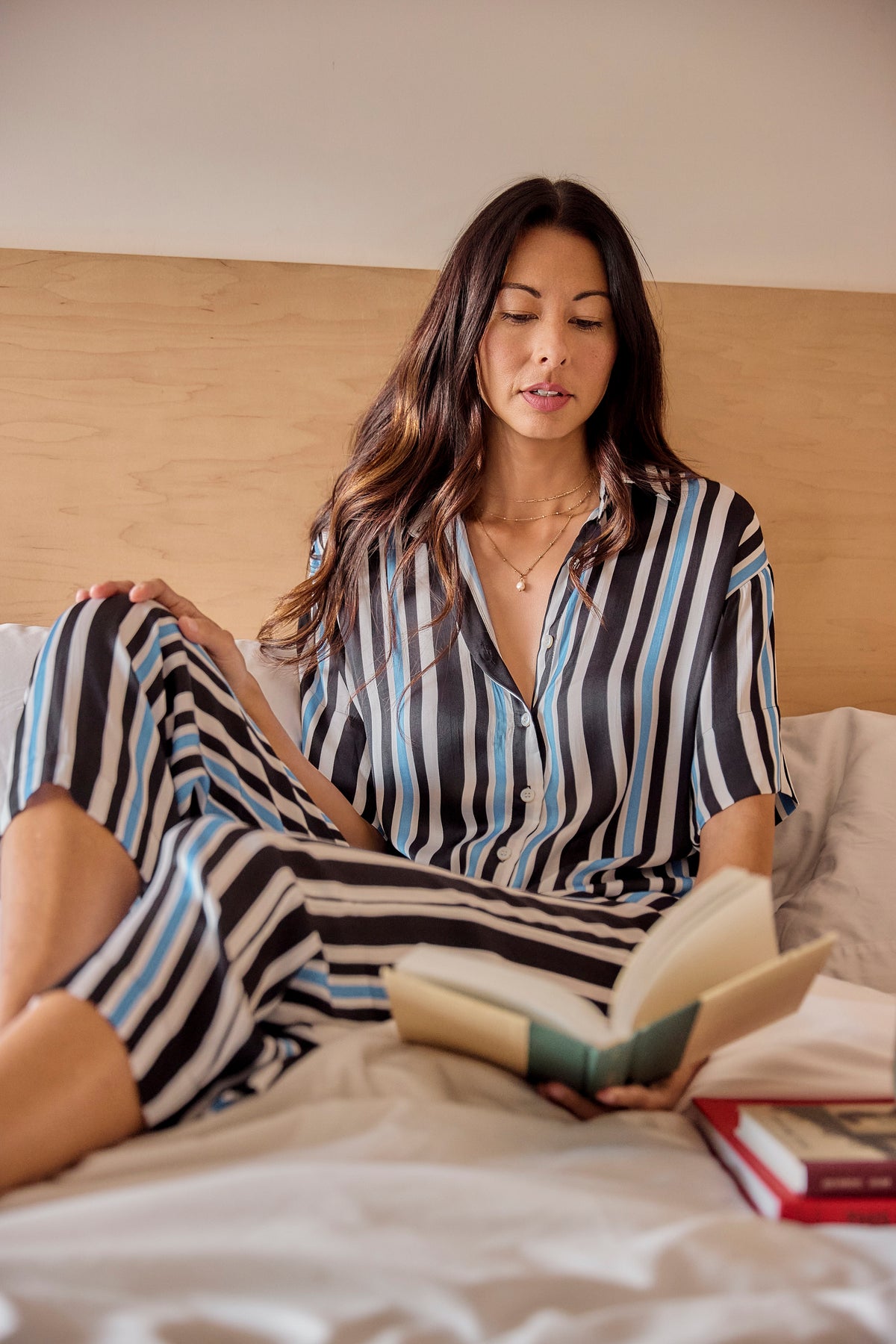 Solune Boyfriend Stripe Set — Elevated matching satin set with oversized collared button-down shirt and tailored straight-leg lounge pants