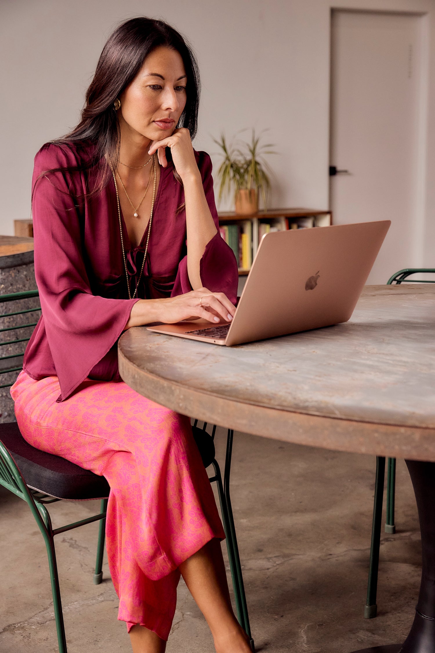 Sōlune Straight Pant Feathers — silky satin relaxed straight pants in hot pink and orange for vacation and elevated lounge wear