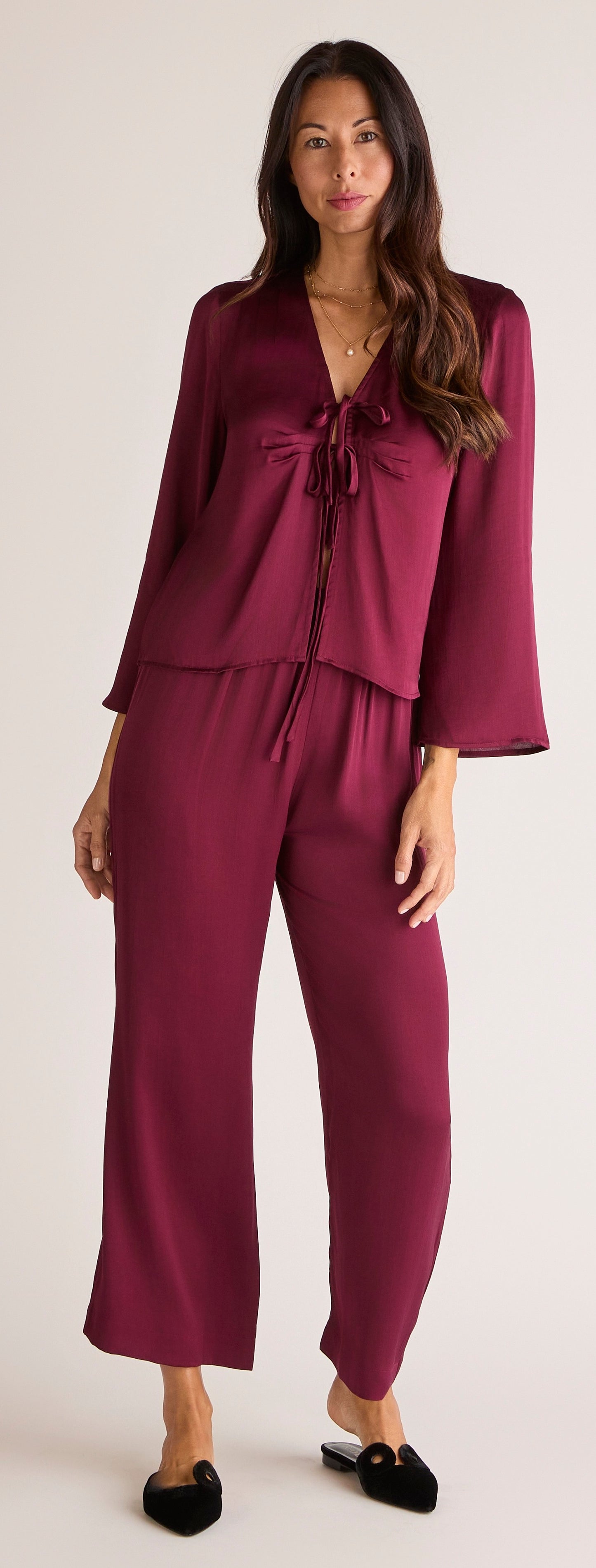 Solune Straight Pant Dark Cherry — tailored satin pants for work and evening styling with high waist relaxed fit